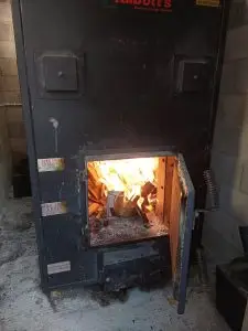 This is our sustainable wood burning heater using waste timber to provide heat to our workshop