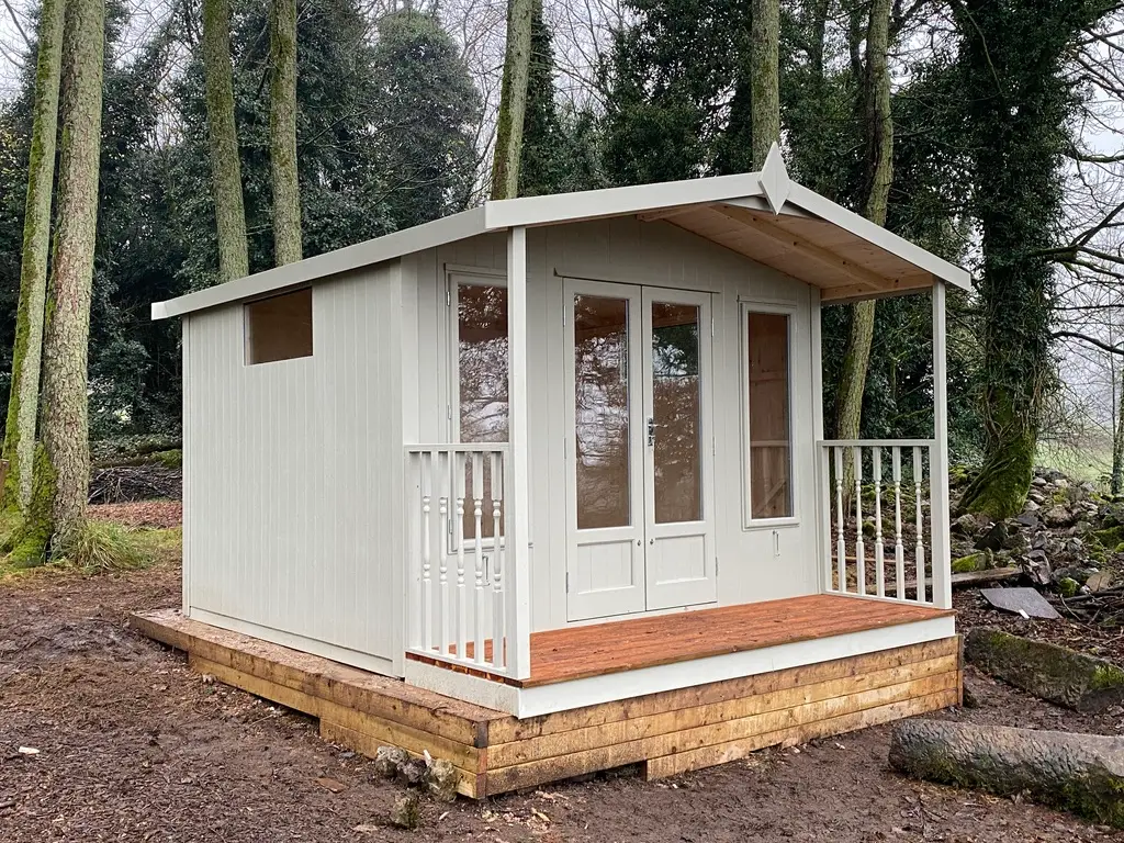 OUR KINGFISHER SUMMERHOUSE IN APEX SHAPE PAINTED IN LIGHT GREY