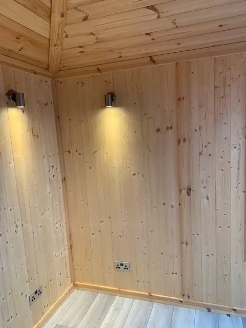 PHOTO SHOWS WALL LIGHTS ON ONE OF OUR SUMMERHOUSES